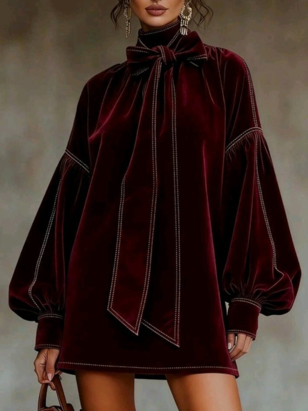 Women's Bow Neck Contrast Stitch Balloon Sleeve Velvet Mini Dress - Casual Vinta
